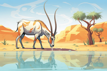 arabian oryx drinking from desert oasisの素材