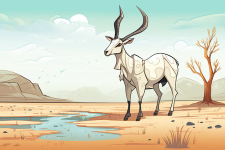 arabian oryx standing near a dry desert waterholeの素材