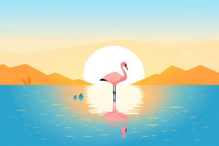 silhouetted flamingo in water in front of a rising sunの素材
