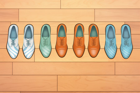 leather oxfords in a row on a hardwood floorの素材