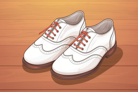 white fatty oxford shoes on a dark wooden backgroundの素材