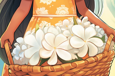 a detailed close-up of a flower girl basket and white petalsの素材