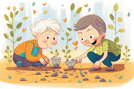 boy learning to plant seeds with grandmaの素材