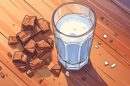 a tempting close-up of unsweetened, dark chocolate pieces near a glass of milkの素材