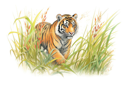 sketch of sumatran tiger prowling in long grassの素材