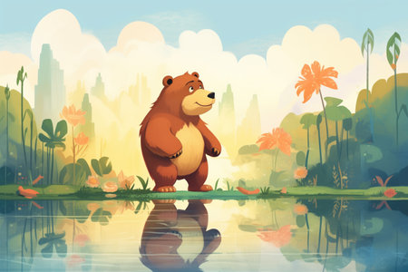 sun bear standing near a forest lake, looking at its reflectionの素材