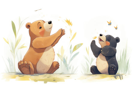 a sun bear cub playfully imitating adult bears gesturesの素材