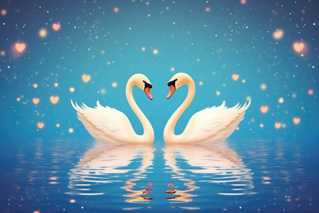 swan pair on a celestial starry lake, necks curving to form a heartの素材