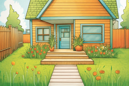green lawn leading to a saltbox house with wooden cladding, magazine style illustrationの素材