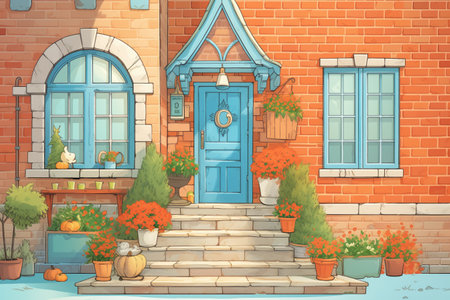 house entrance with brick steps and tudor styling, magazine style illustrationの素材