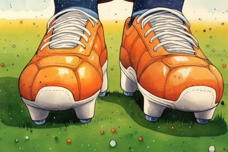 closeup of cleated football boots on turfの素材