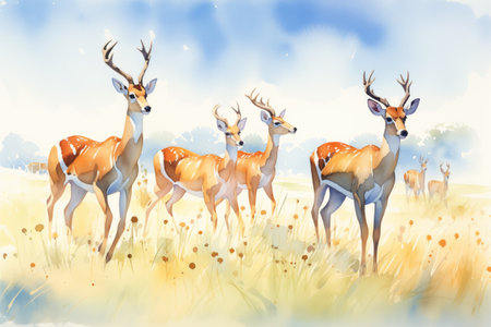 a group of springboks grazing in a sunlit savannaの素材