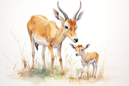 a young springbok learning to use its horns, under the watchful eyes of an elderの素材