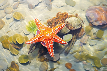 a single starfish underwater in a tide pool, reflecting sunlightの素材