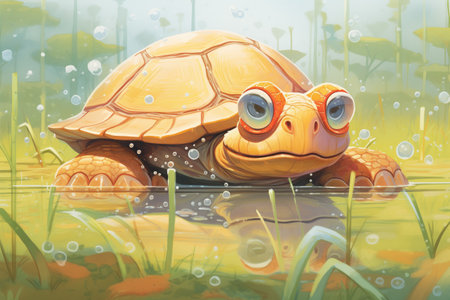 wide-eyed tortoise lapping up dew from the morning grassの素材