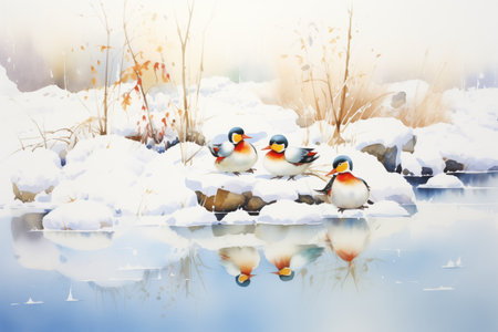 ducks nestled in a snowy bank by a glistening ice pondの素材