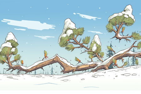 line of snow-covered pines, one with a broken branchの素材