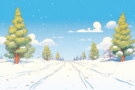 line of pines with snow, with a clear path shoveled throughの素材