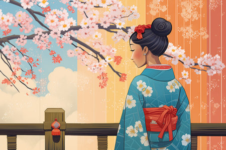 woman in kimono admiring cherry blossomsの素材