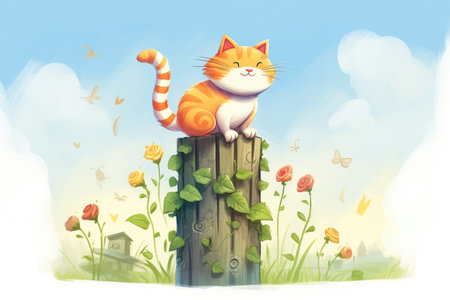 cat balancing on a wooden fence postの素材