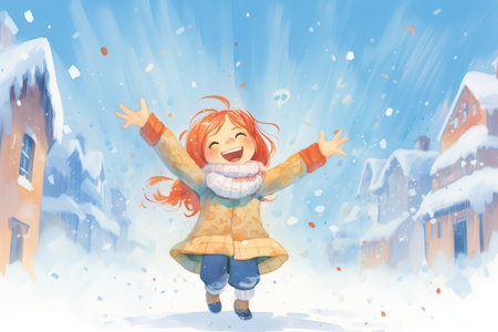 little girl throwing snow in the air, with a joyous expressionの素材
