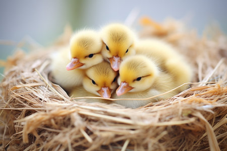 ducklings huddled together in a cozy straw nestの素材