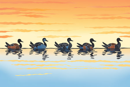 silhouetted ducks in a row against sunset on a lakeの素材