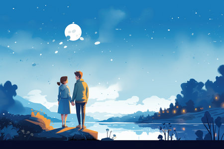 couples silhouettes at moonlit waterfrontの素材