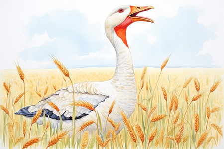 pair of geese in a field, one honking at the skyの素材