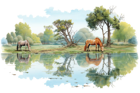 horses grazing by a pond reflecting the surrounding treesの素材