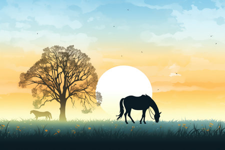 silhouette of a horse grazing at sunriseの素材