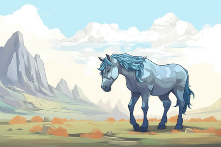 a blue roan horse peacefully grazing with a mountain backdropの素材