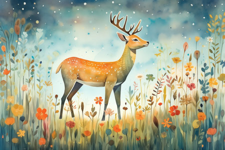a deer grazing in a moonlit meadowの素材