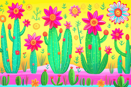neon green cacti with vibrant pink flowersの素材