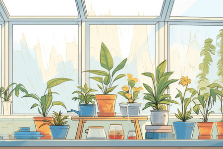 houseplants regrowing in ash-filled pots by a sunny windowの素材