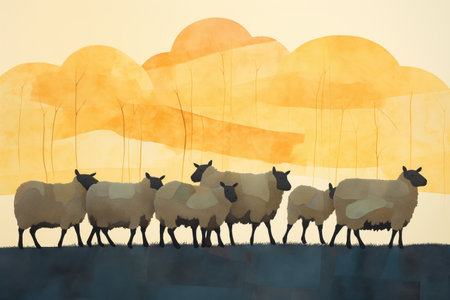 sheep in a tight group, silhouetted at duskの素材