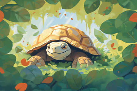 garden tortoise hiding in the shade under a bushの素材