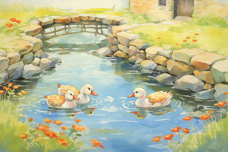 goslings swimming in a small farm streamの素材