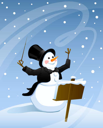 Snowman conducts in a frock coat and top hat snowstorm on Christmasのイラスト素材