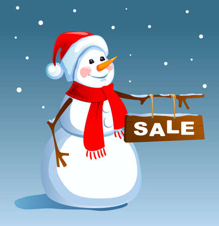 Christmas snowman in Santa hats with a sign SALEのイラスト素材