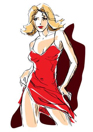 Sexy blonde is dancing in a red dressのイラスト素材