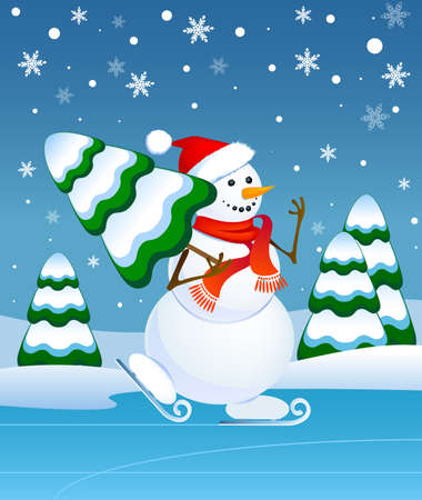 Jolly Snowman lucky tree skating on the river. Vector illustrationのイラスト素材