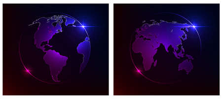 Glowing Earth on a dark background. Western and Eastern hemispheres. Vector illustrationのイラスト素材