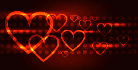 Valentines Day background. Glowing hearts on a dark background