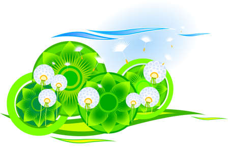 Dandelion in a meadow with stylized elements. Vector illustrationのイラスト素材