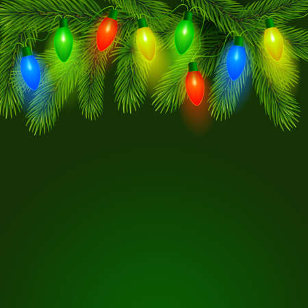 Fir background with christmas illumination. Vector illustration. To create cards, banners, posters.のイラスト素材