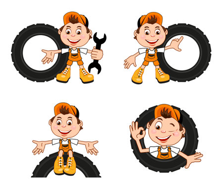 Cartoon character of a car workshop worker. A set of character poses. Vector illustration for use in auto shop design projects.のイラスト素材