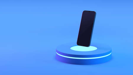Mobile phone on a luminous presentation podium. 3D illustration.