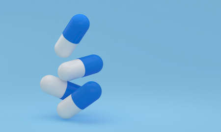 Falling pills onto the table surface. 3D illustration