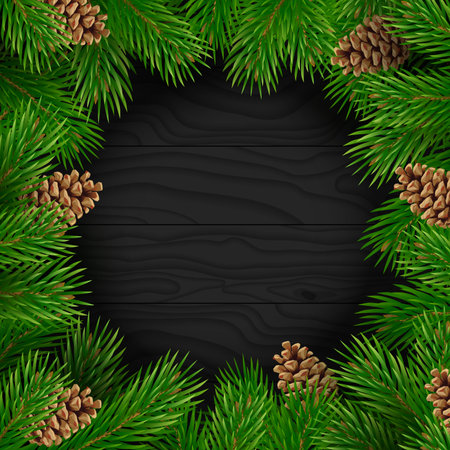 Christmas background. Fir branches with cones on a dark wooden texture. Frame for decorative ornament greeting card. Vector illustration.のイラスト素材